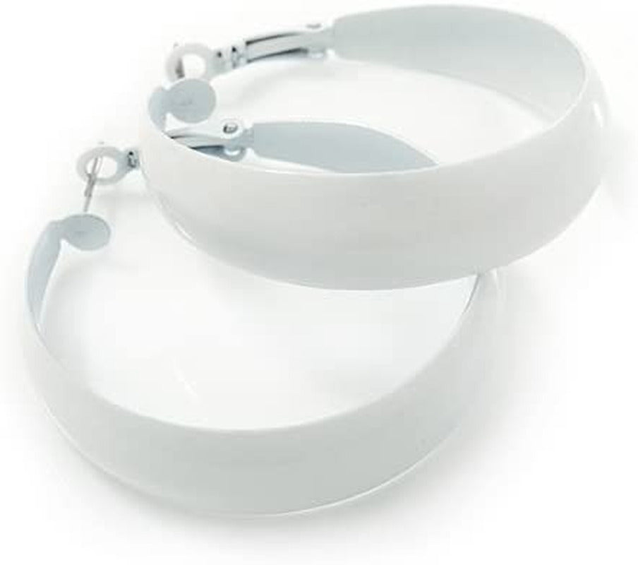 Wide Medium White Enamel Hoop Earrings - 40Mm Diameter