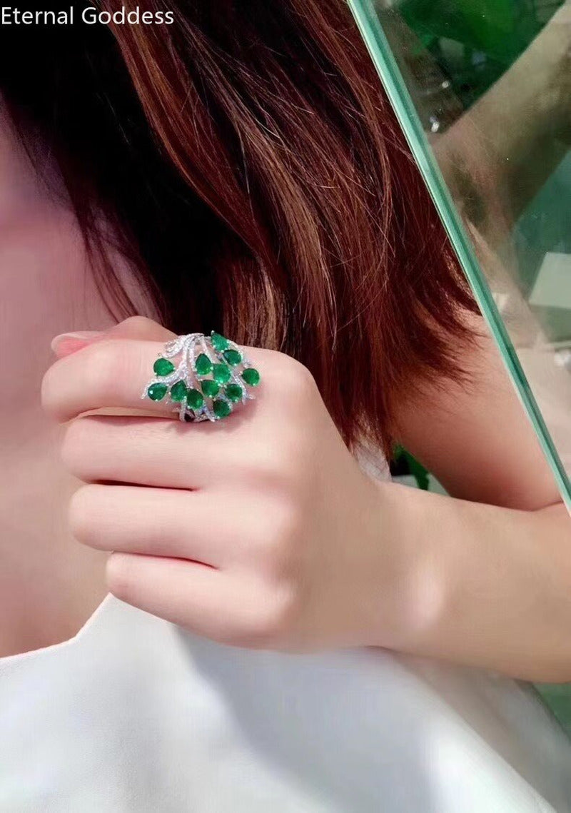 High Jewelry S925 Sterling Silver Natural Emerald New Girls Fashion Gem Rings
