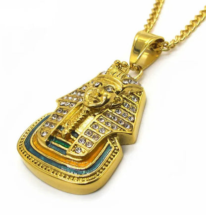 Mens Egyptian Pharaoh Necklace Gold Diamond Stainless Steel Chain Hip Hop