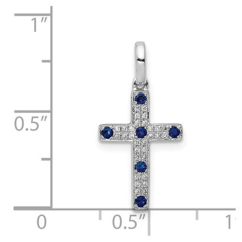 1/15Ct. Natural Diamond Blue Sapphire Cross Pendant in 14K White Gold