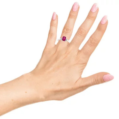 Three Stone Octagonal Ruby Ring with 0.20CT. T.W. Diamond Set in 14K Gold