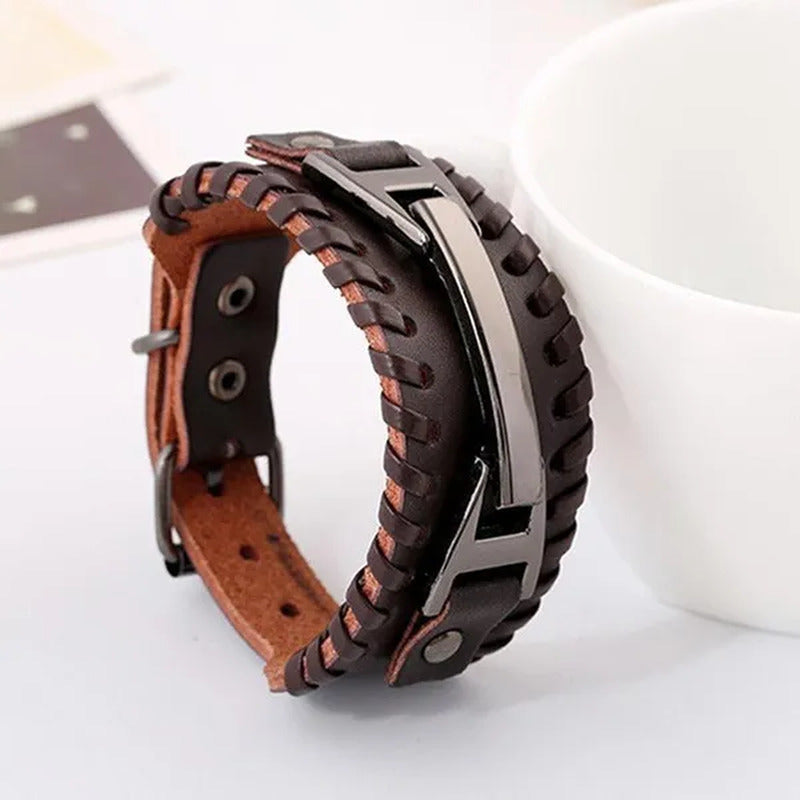 Women Men PU Leather Bracelets Punk Handmade Wide Cuff Rope Bracelet Woven Wrist