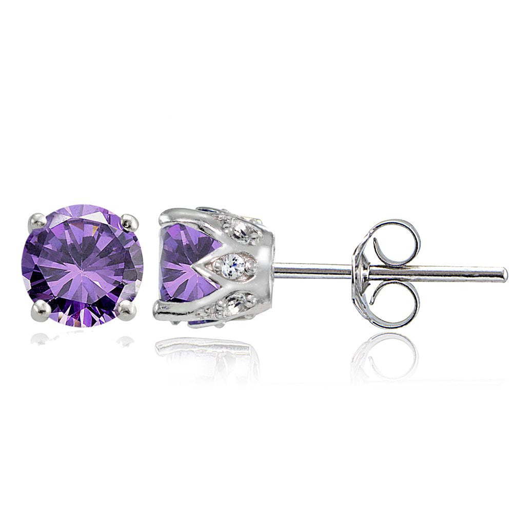 Amethyst and White Topaz Sterling Silver Crown Stud Earrings