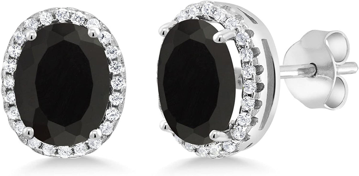 925 Sterling Silver Black Onyx Halo Earrings for Women (4.48 Cttw, Gemstone Birt