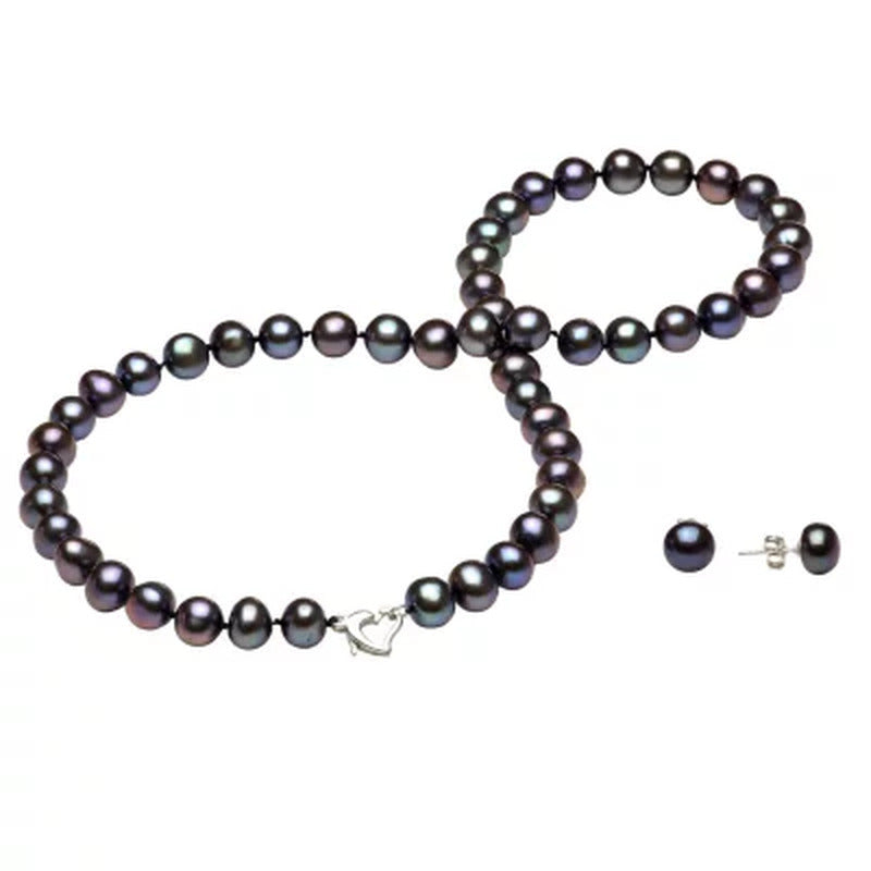 Sterling Silver Heart Clasp Freshwater Pearl Necklace and Earring Set (7-8Mm)