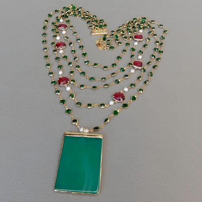 Green Onyx Pendant 5 Strand White Pearl Necklace