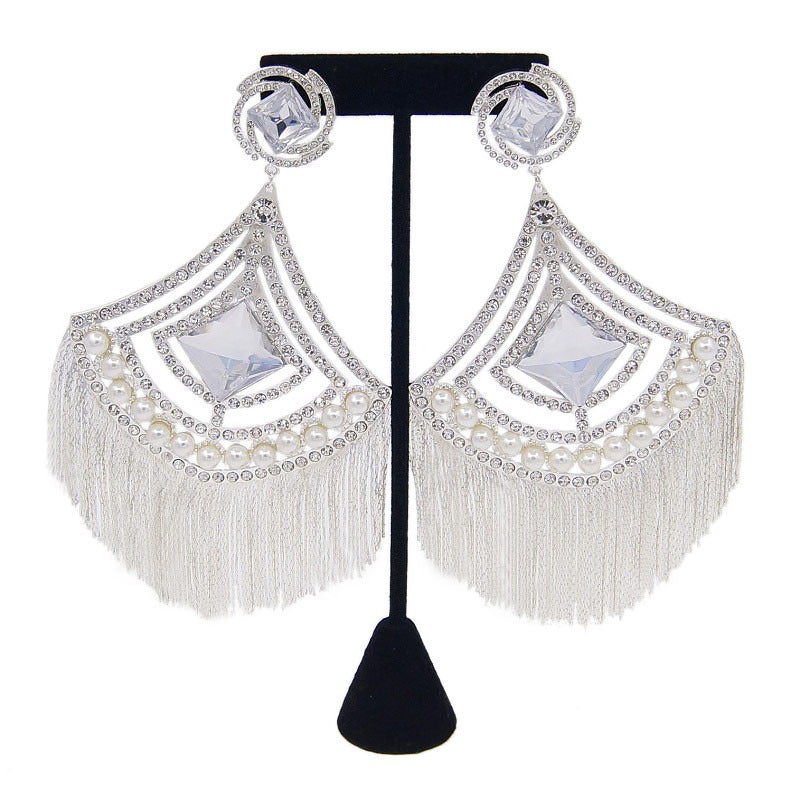 24K Gold-Plated Luxury Diamond Pearl Tassel Long Earrings Fashion Personality Ex