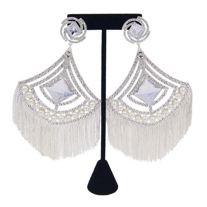 24K Gold-Plated Luxury Diamond Pearl Tassel Long Earrings Fashion Personality Ex