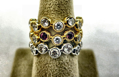 RUBY AND DIAMOND TWO YELLOW GOLD ONE WHITE GOLD ROUND