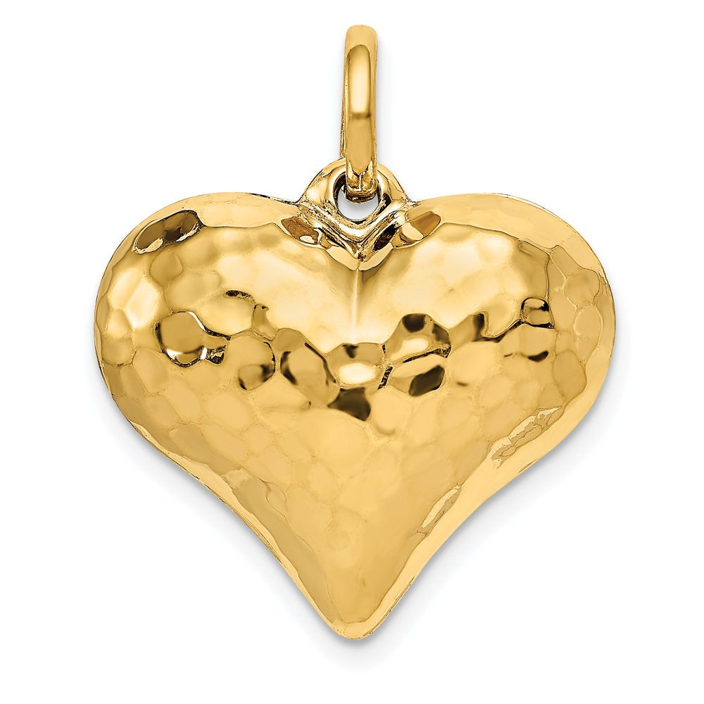 14K Yellow Gold Polished and Hammered 3-D Heart Pendant Charm (26Mm X 21Mm) with