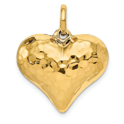 14K Yellow Gold Polished and Hammered 3-D Heart Pendant Charm (26Mm X 21Mm) with