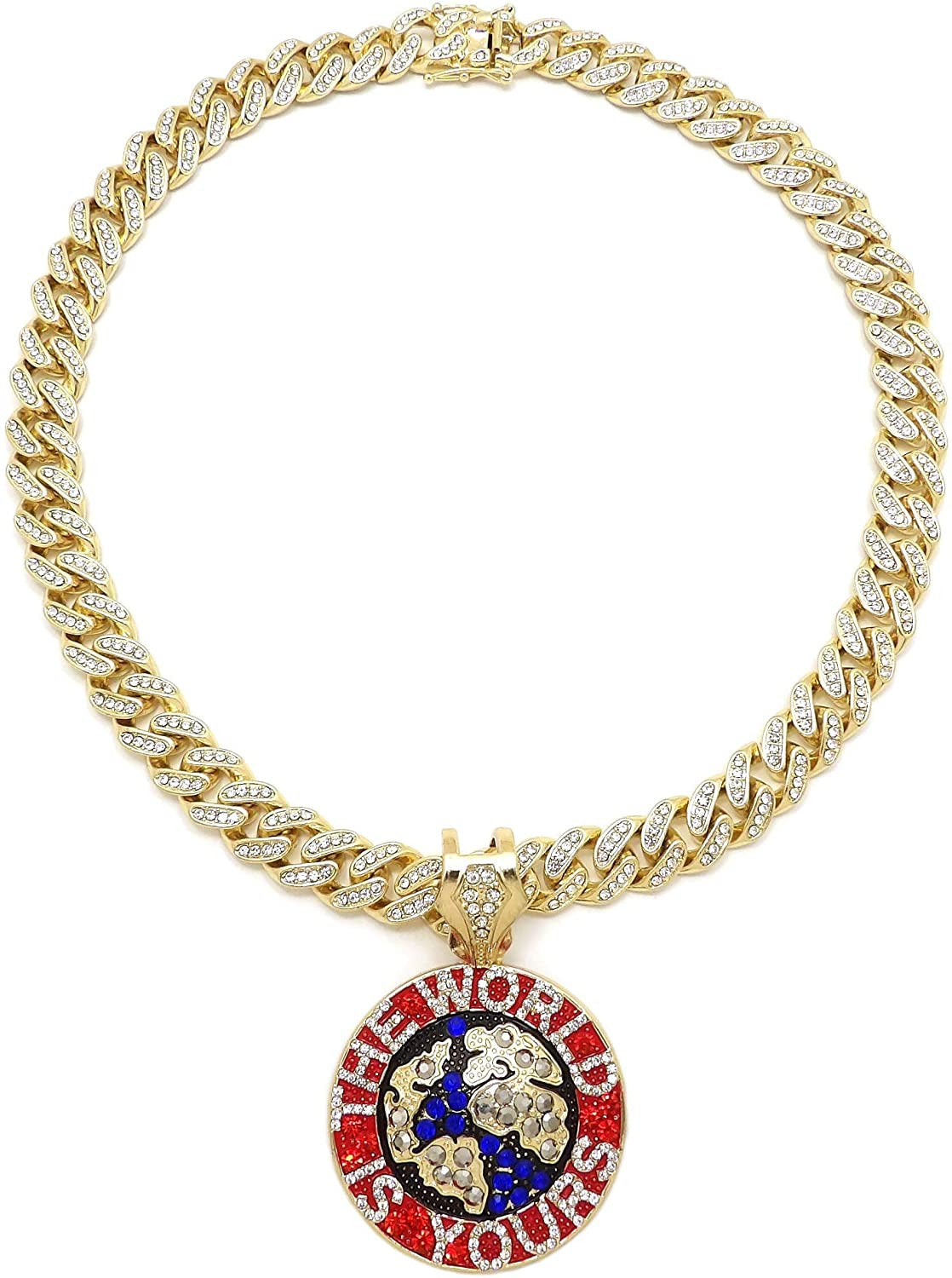 Hip Hop the World Is Yours Pendant & 12Mm 18" Full Iced Box Lock Cuban Chain Nec