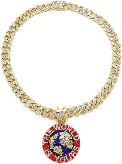 Hip Hop the World Is Yours Pendant & 12Mm 18" Full Iced Box Lock Cuban Chain Nec