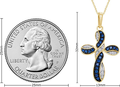 round Simulated Blue Sapphire & White Cubic Zirconia Cross Pendant Necklace in 1