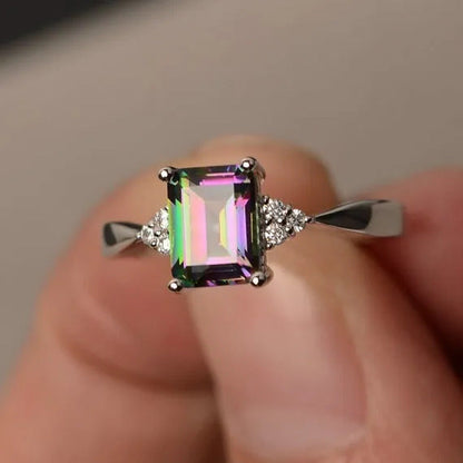 Exquisite Women'S 925 Sterling Silver Ring Princess Cut Mystic Rainbow Topaz Eng