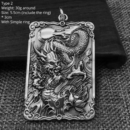 Sterling Silver 990 Vintage Auspicious Clouds Square Pendant for Men Carved