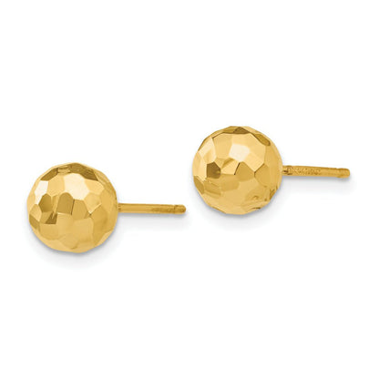 Polished Hammered Mirror Ball Post Earrings in Real 14K Yellow Gold 7 Mm