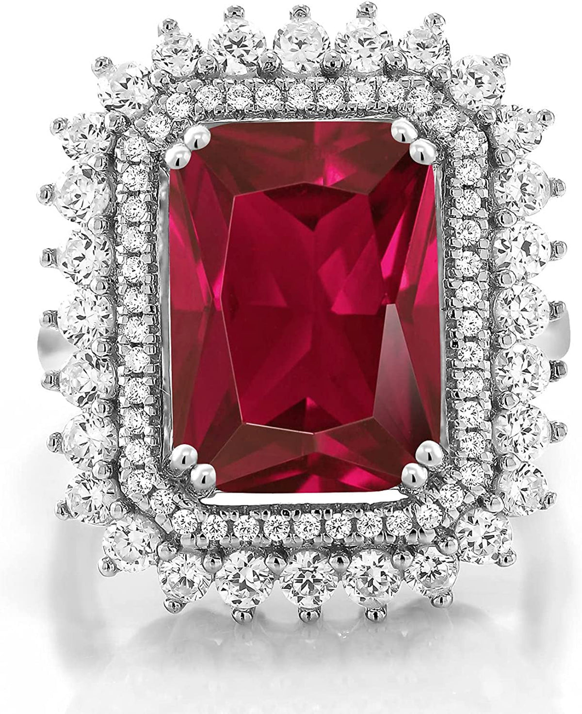 925 Sterling Silver Red Created Ruby Women'S Ring (8.60 Cttw, Emerald Cut 14X10M