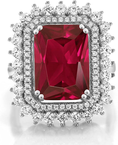 925 Sterling Silver Red Created Ruby Women'S Ring (8.60 Cttw, Emerald Cut 14X10M