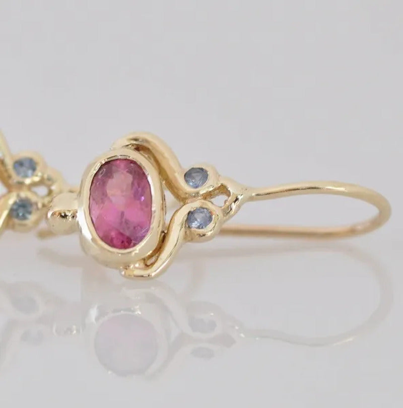 Unique Blue Sapphire Oval Pink Tourmaline Gemstone Dangle Hook Earrings Women Je
