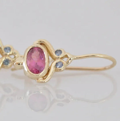 Unique Blue Sapphire Oval Pink Tourmaline Gemstone Dangle Hook Earrings Women Je