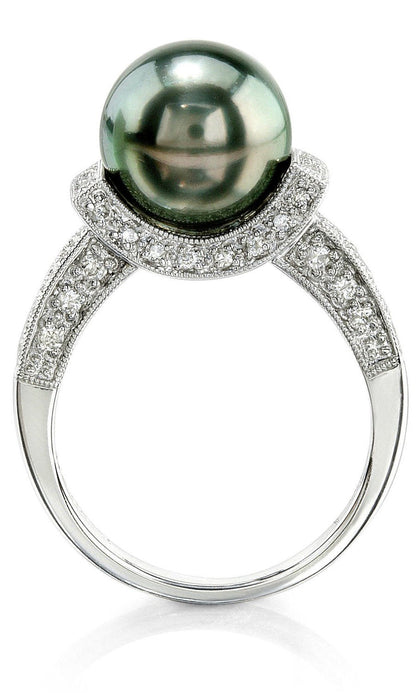 10Mm Tahitian South Sea Cultured Pearl & Diamond Sparkling Jewel Ring in 18K Gol