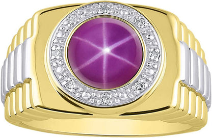 Mens Rings 14K Yellow Gold Ring round Shape Cabochon Gemstone & Genuine Diamonds