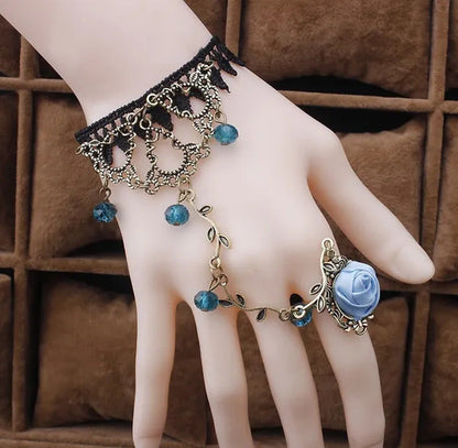 Victorian Style Black Lace Floral Rose Flower Link Chain Slave Bracelet Ring Set