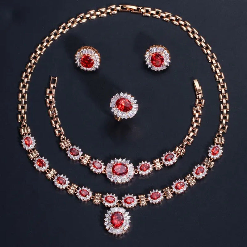 CANDICE Dubai Ruby Wedding 4 Pieces Set Elegant Red Zirconia Paved Yellow Gold P