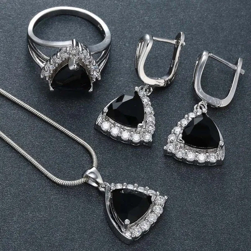 Fashion Women Black Onyx Soild Natural Diamond Ring Earrings Necklace Bridal Jew