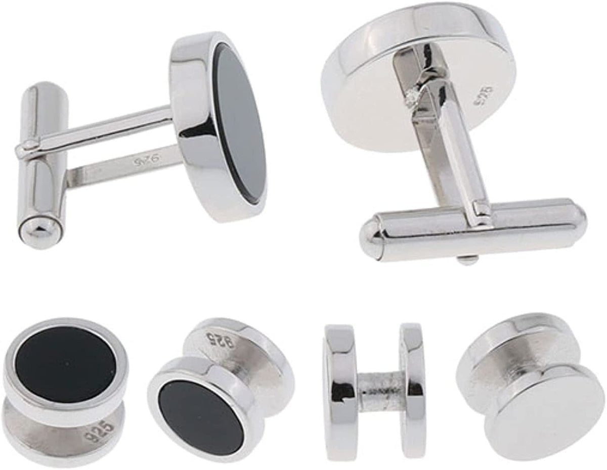 Mens Sterling Silver Black Onyx Cufflinks and Studs Formal Set with Presentation