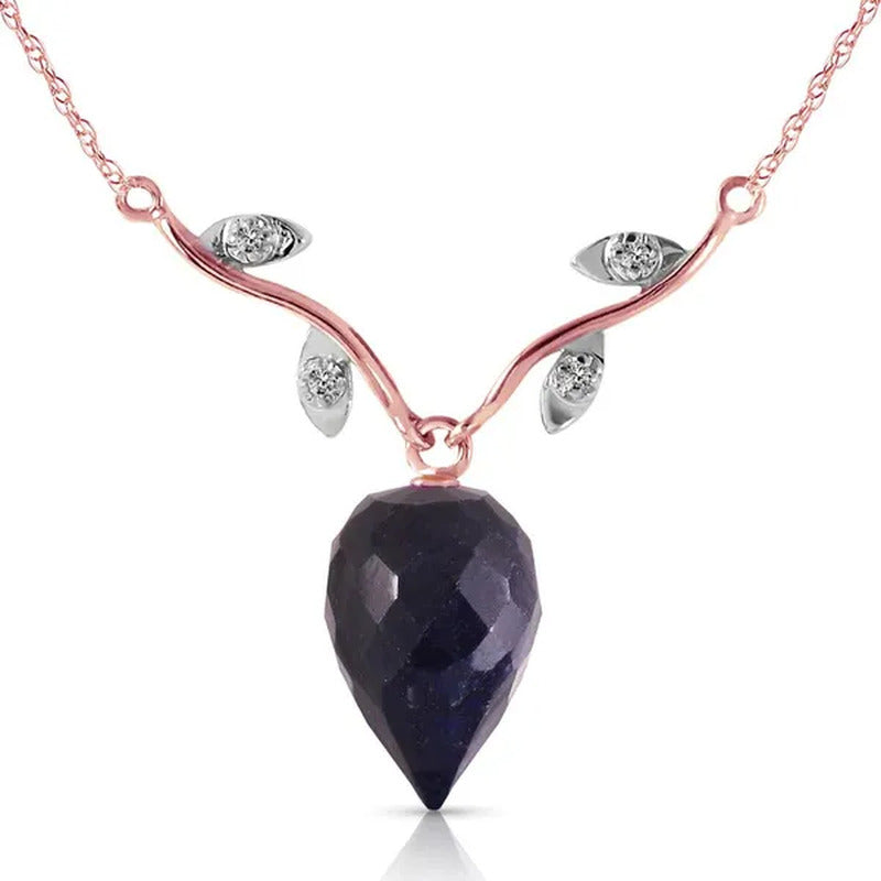 14K Solid Gold Necklace with Diamonds and Briolette Sapphire