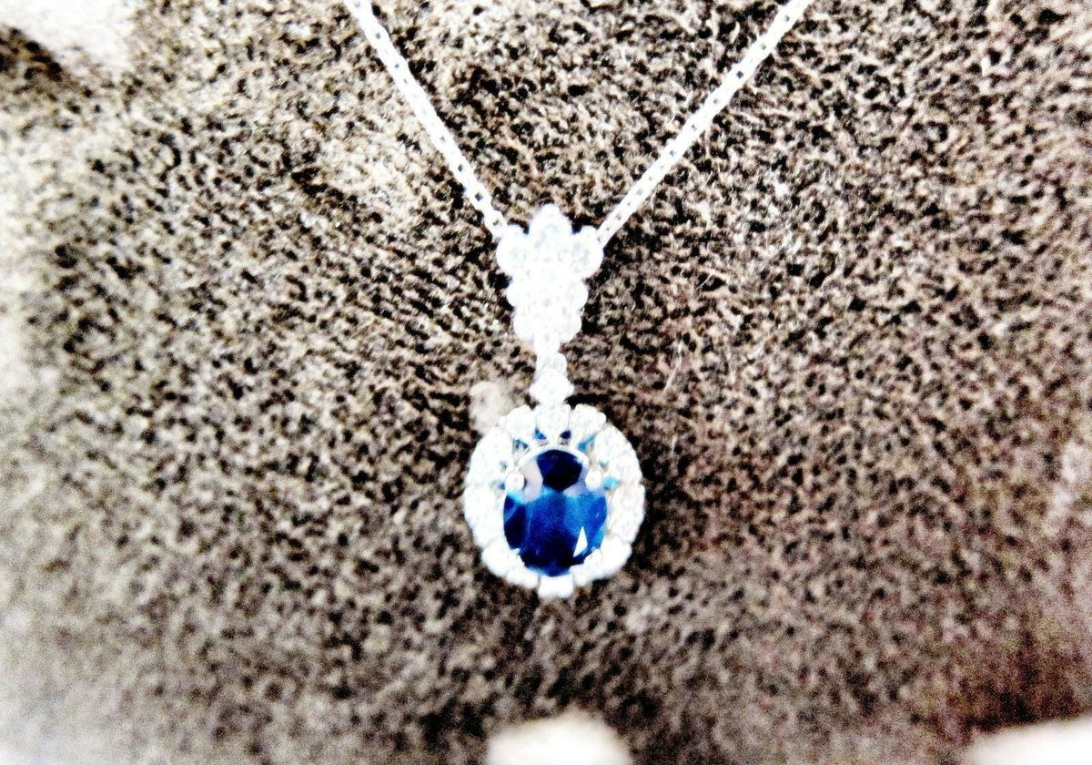 SAPPHIRE OVAL SHAPE ROUND DIAMOND PENDANT INCLUDED CHAIN