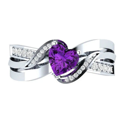 Fashion 925 Sterling Silver Heart Cut Purple Natural Amethyst & Diamond Ring Jew