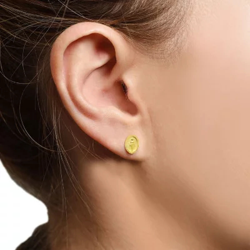 Petite Oval Virgin Mary Stud Earrings in 14K Yellow Gold