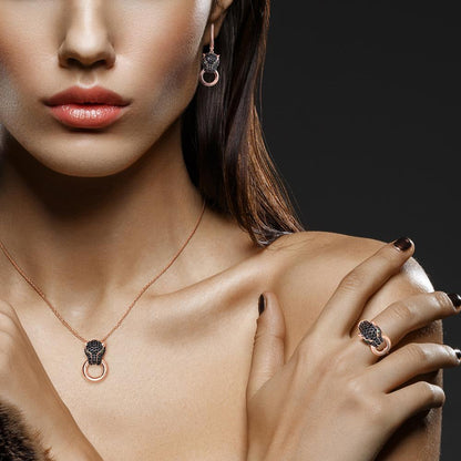 925 Sterling Silver Jewelry Set for Women Animal Black Leopard Panther Ring