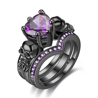 Gothic Skull Finger Black Female Wedding Rings Set for Women Girl Red Heart Crys