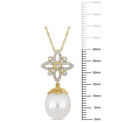 11-12MM South Sea Cultured Pearl and 1/4 Carat T.W. Diamond 14K Yellow Gold Flor