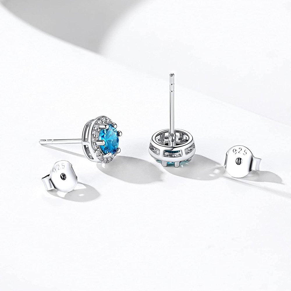 Birthstone Stud Earrings 925 Sterling Silver with Cubic Zirconia Crystal - Decem