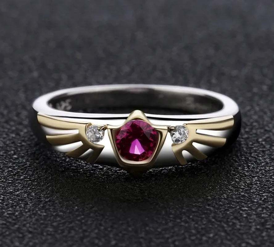 Gorons Ruby Hylian Crest Symbol Inspired Link Engagement Wedding Crystal Ring