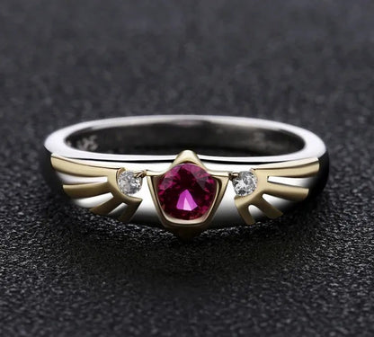 Gorons Ruby Hylian Crest Symbol Inspired Link Engagement Wedding Crystal Ring