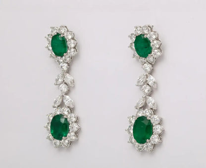 Emerald and Diamond Dangle Drop Earrings