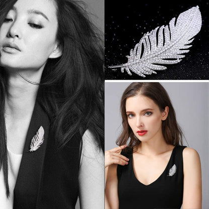 Rhinestone Feather Brooch Pin for Women Men Fashion Crystal Delicate Leaf Brooch