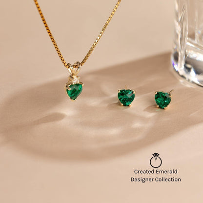 Created Emerald with Genuine Diamond Pendant for Women 14K White Gold, Elegant T