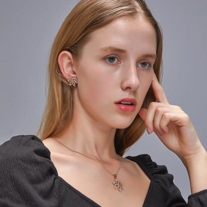 Simple Full Diamond Snowflake Necklace Earring Set