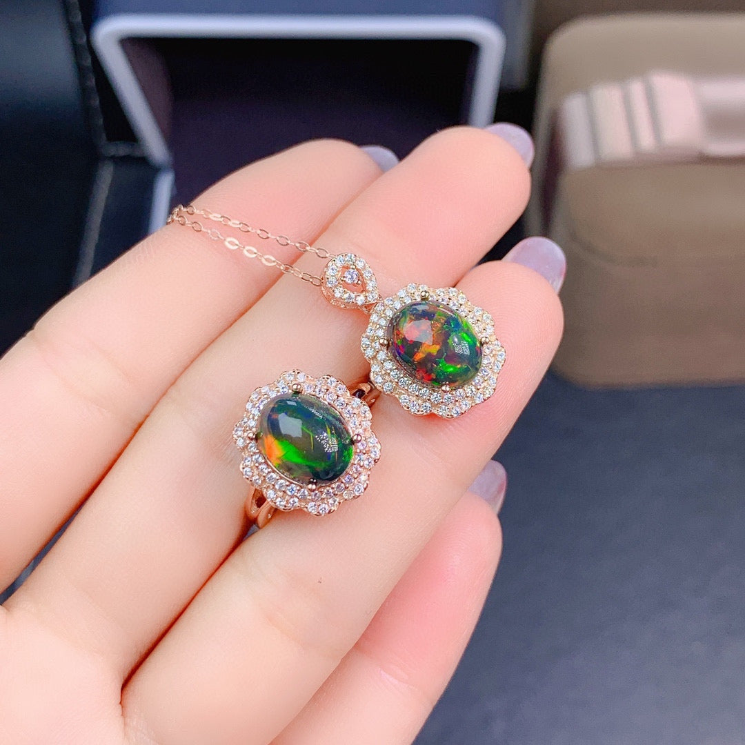Natural Colorful Black Opal Set Ring Pendant Crystal Clean Color