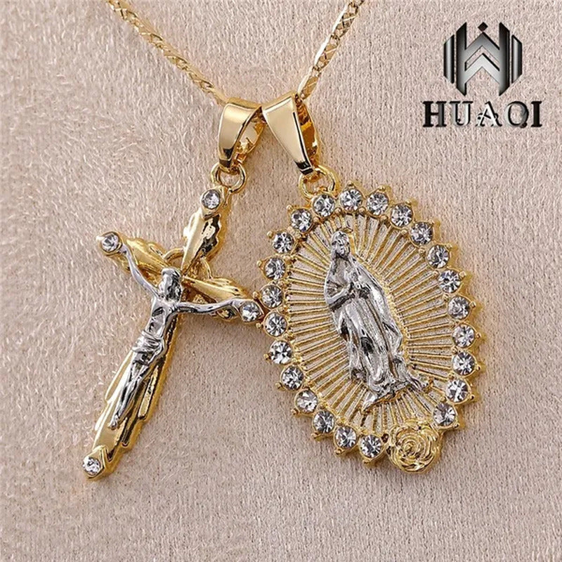 New Fashion18K Gold Plated Setting CZ Diamond Virgin Mary Necklace + Cross Neckl