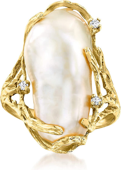 10X24Mm Cultured Baroque Pearl Ring with Diamond Accents in 14Kt Yellow Gold. Si