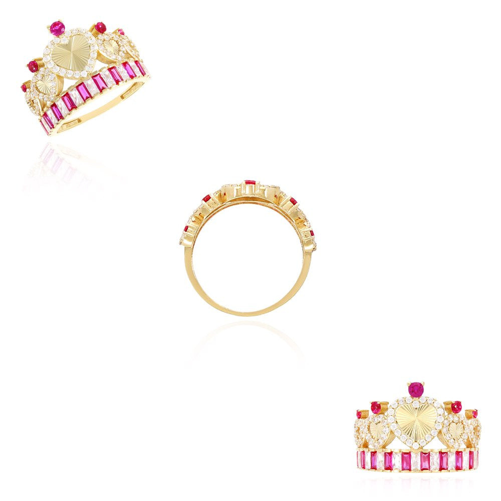 14K Yellow Gold 1.40CTW Simulated Diamond Ruby Royal Crown Hearts Cocktail Ring