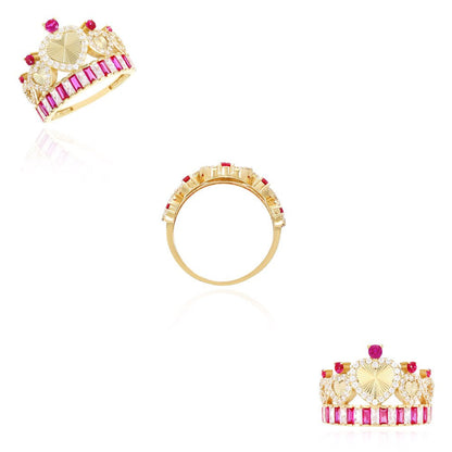 14K Yellow Gold 1.40CTW Simulated Diamond Ruby Royal Crown Hearts Cocktail Ring